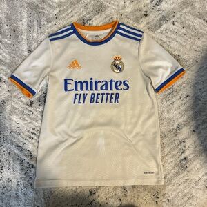 Adidas Kids Real Madrid White Jersey with Blue and Orange Accents